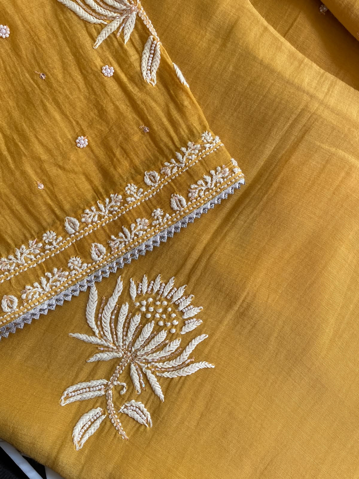 Mustard Mul Chanderi Chikankari Kurta Set