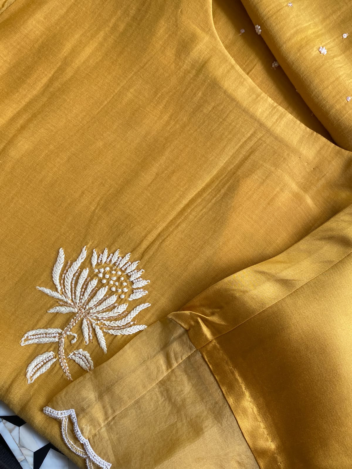 Mustard Mul Chanderi Chikankari Kurta Set