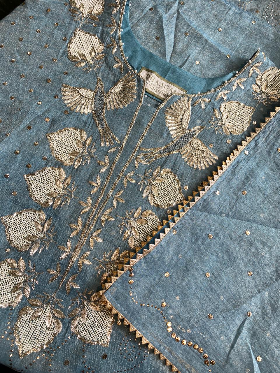 Teal Bird Motif in Mukaish Kurta Set