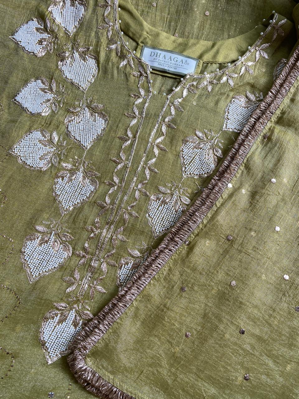 Olive Green in Pearls & Mukaish Kurta Set