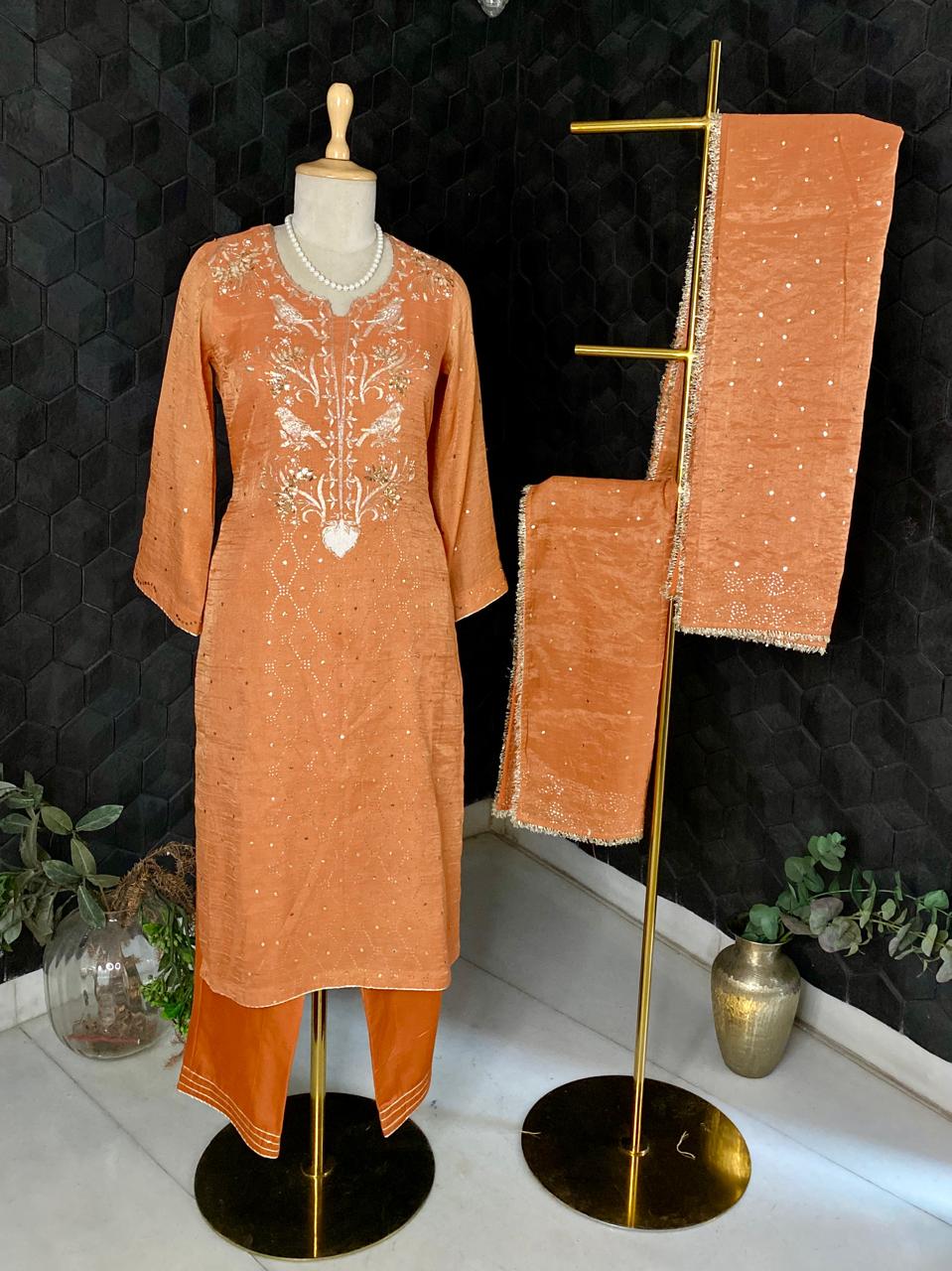 Rust Bird Motif Mukaish Kurta Set