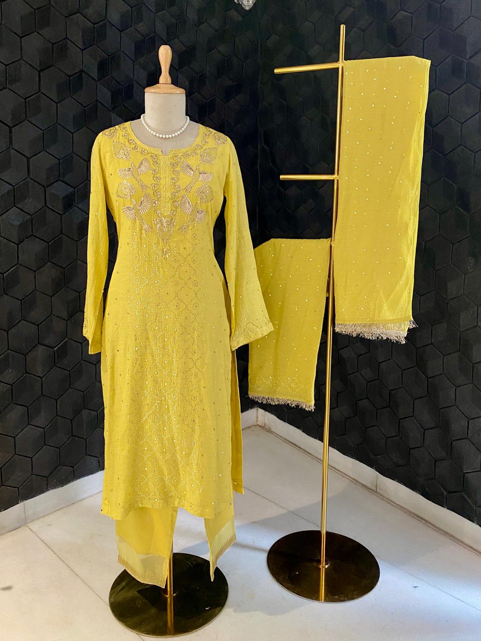 Yellow Bird Motif Mukaish Kurta Set