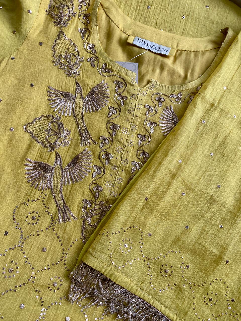 Yellow Bird Motif Mukaish Kurta Set