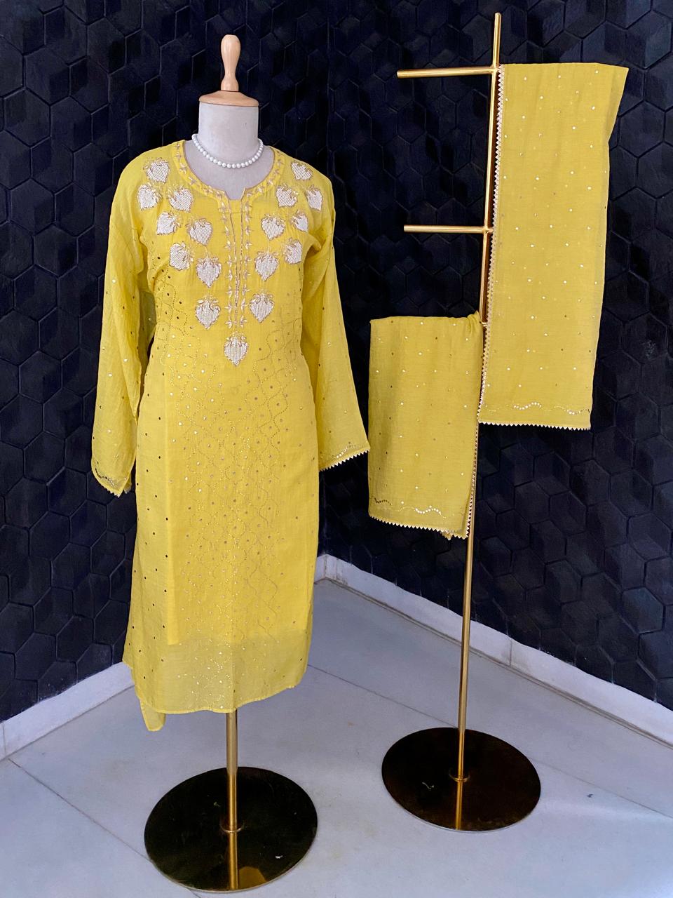 Yellow Pearls & Mukaish Kurta Set