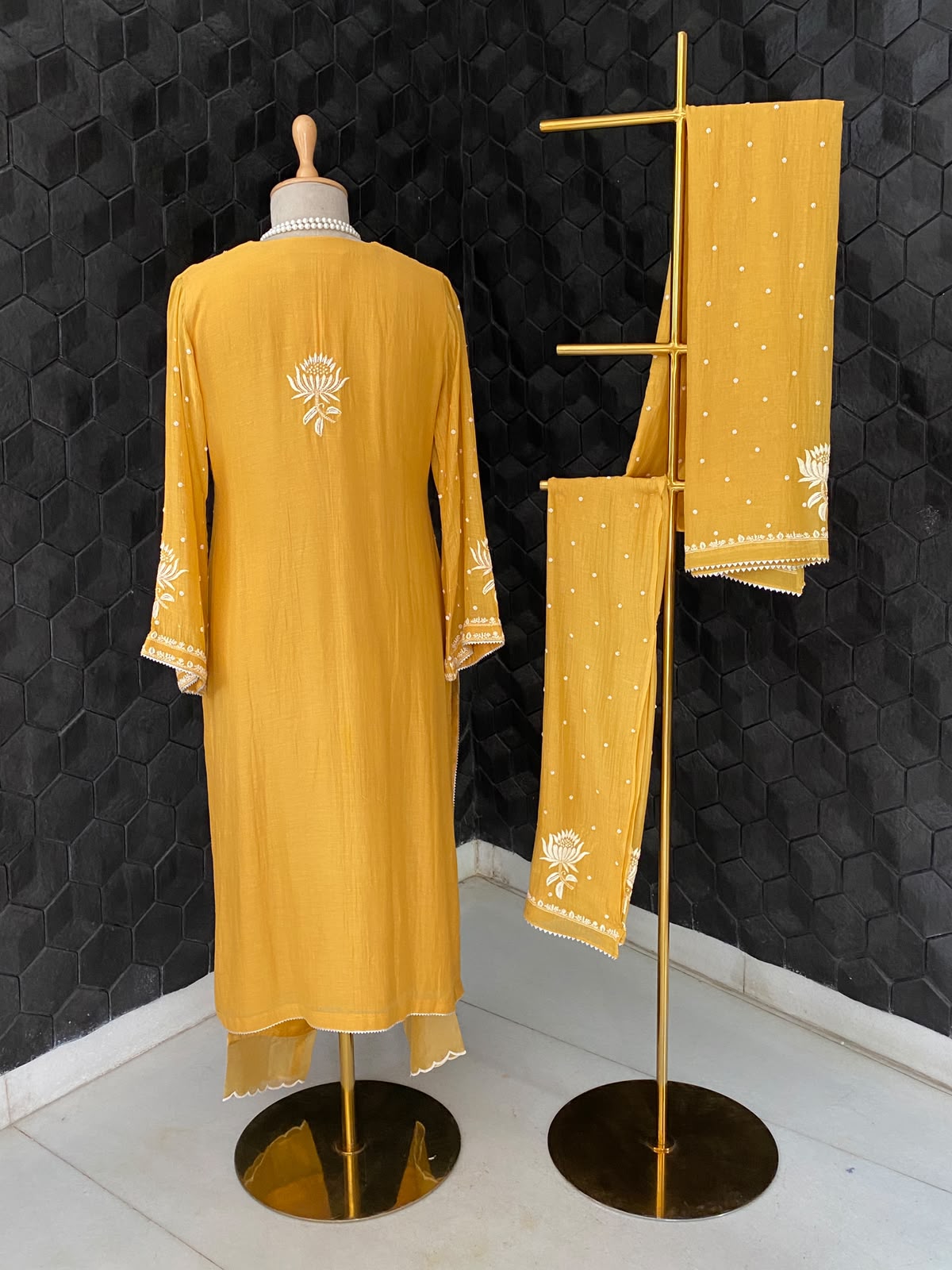 Mustard Mul Chanderi Chikankari Kurta Set
