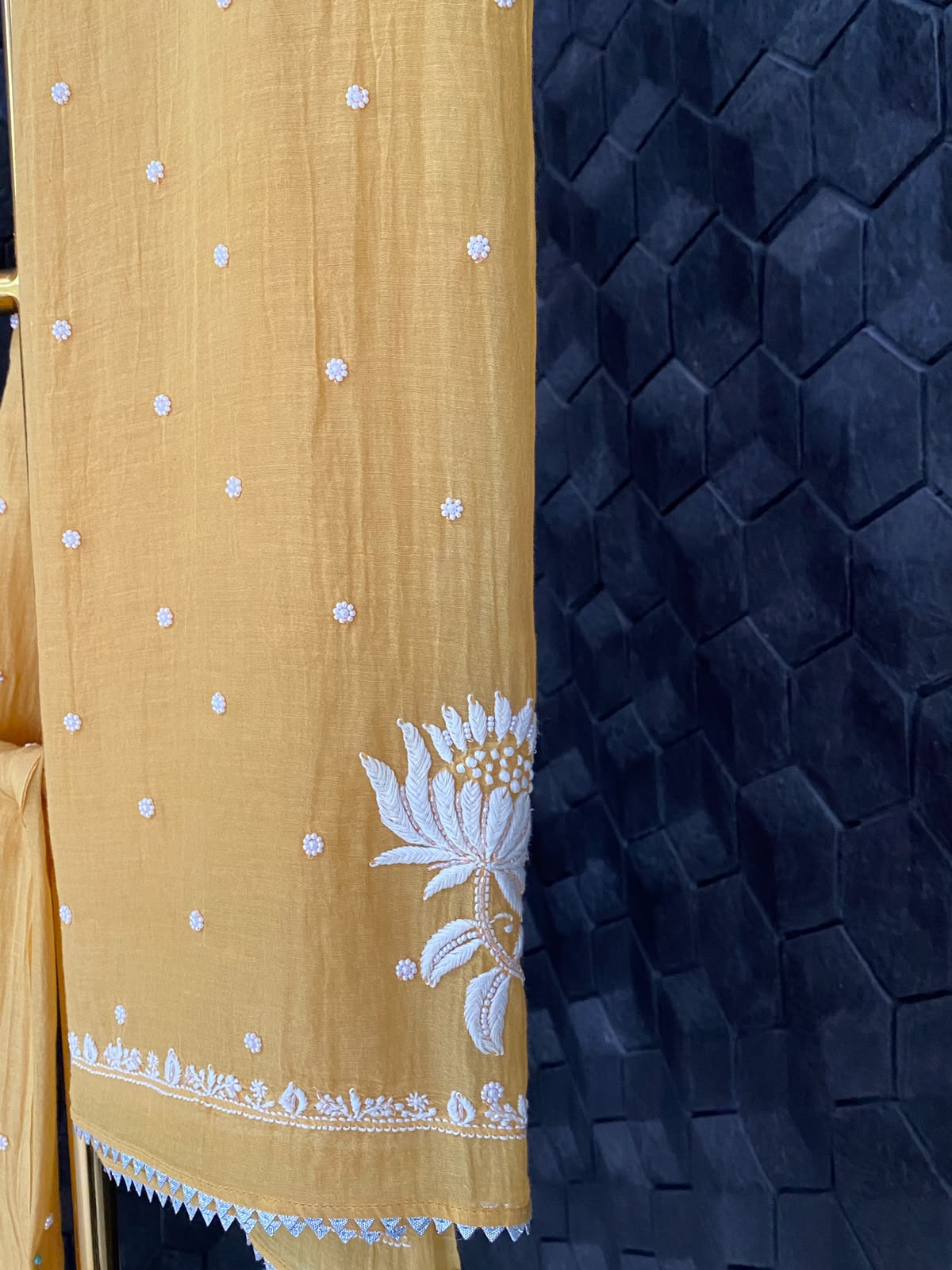 Mustard Mul Chanderi Chikankari Kurta Set