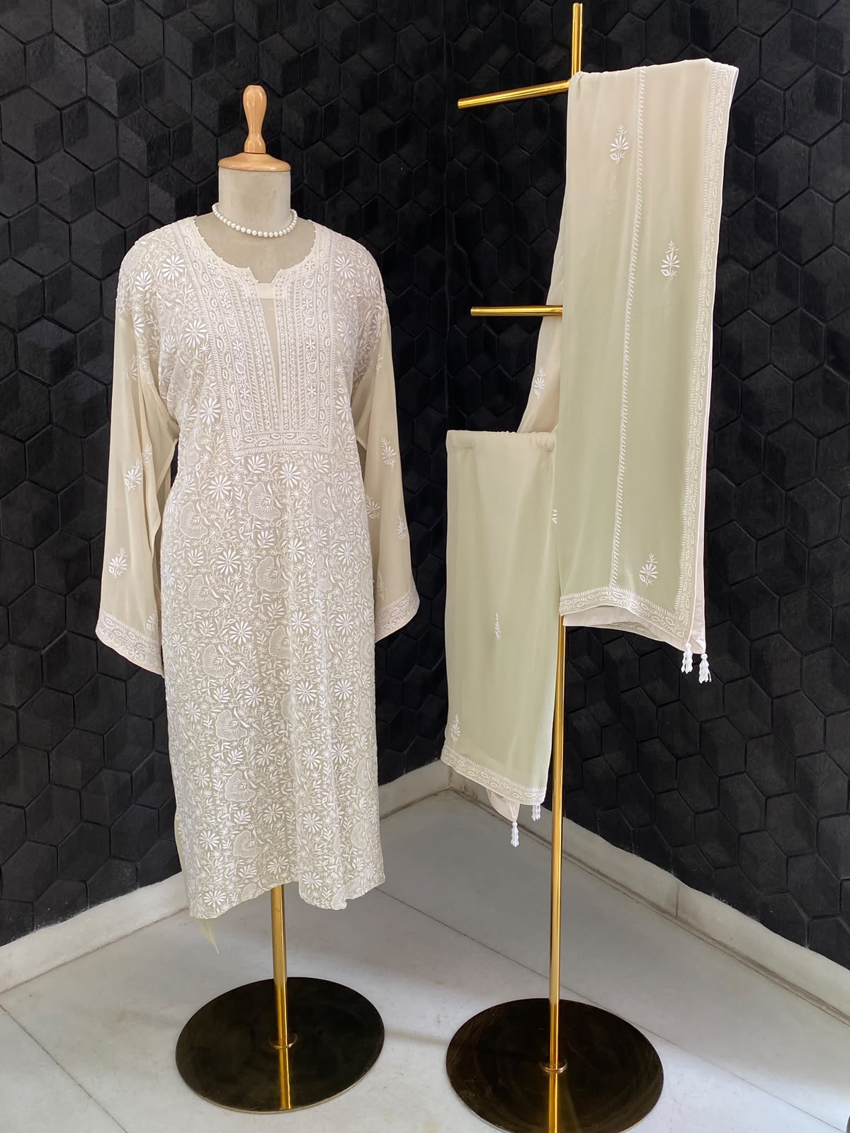 Ivory Ombre Georgette Chikankari Kurta Set