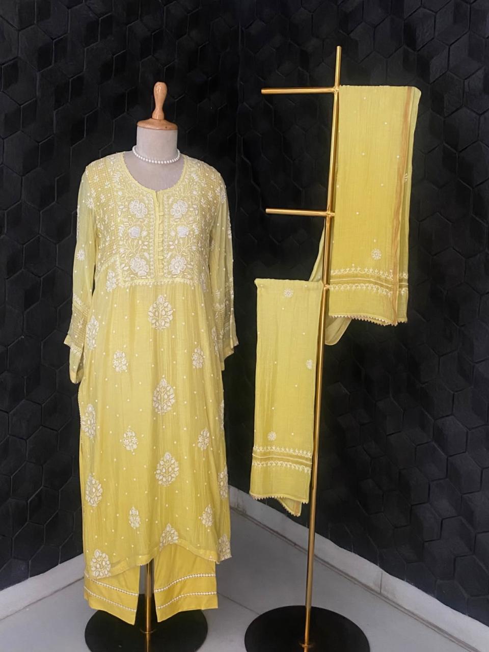 Lemon Yellow Mul Chanderi Chikankari Kurta Set