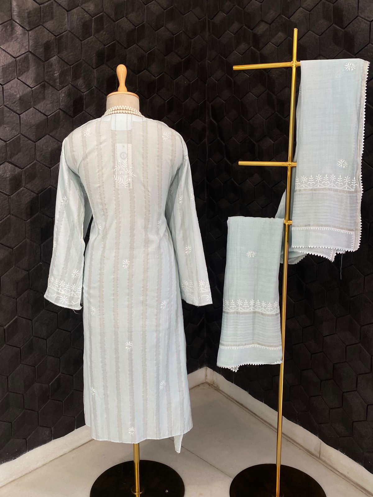 Powder Blue Striped Mul Chanderi Kurta Set