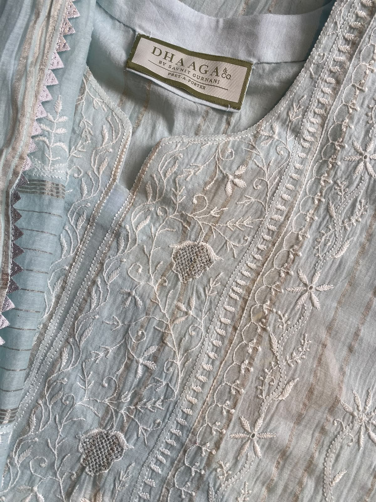 Powder Blue Striped Mul Chanderi Kurta Set