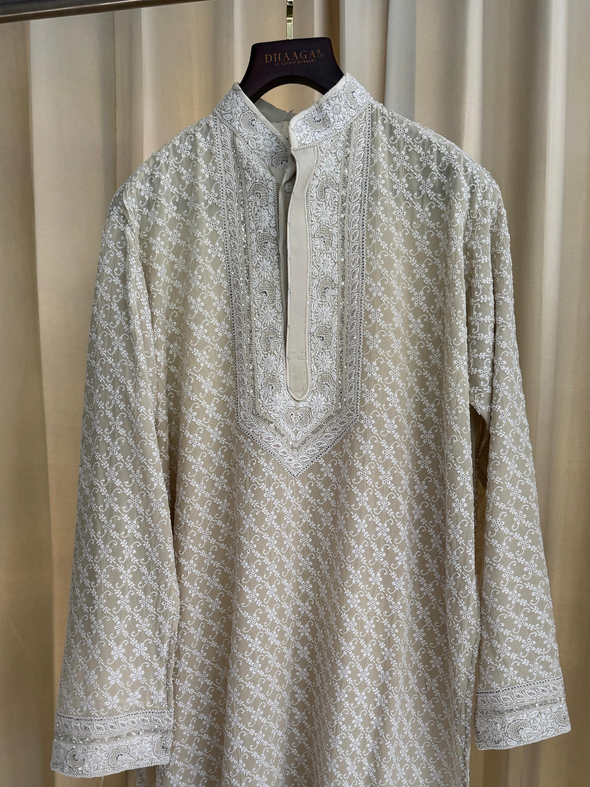 Ivory Georgette Chikankari Mens Kurta