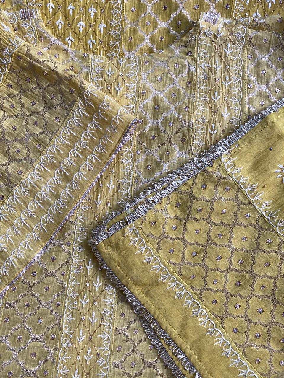 yellow mul chanderi chikankari Anarkali kurta set