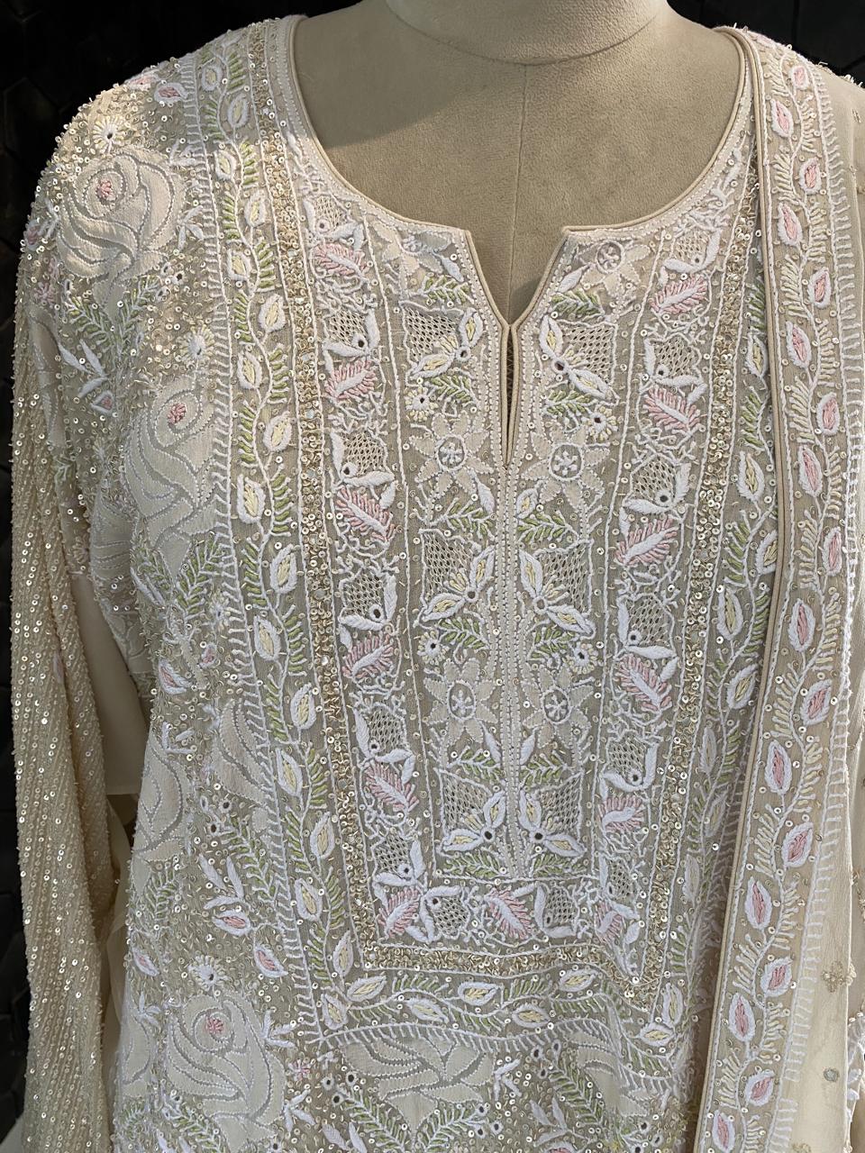ivory georgette full jaal chikankari kurta set