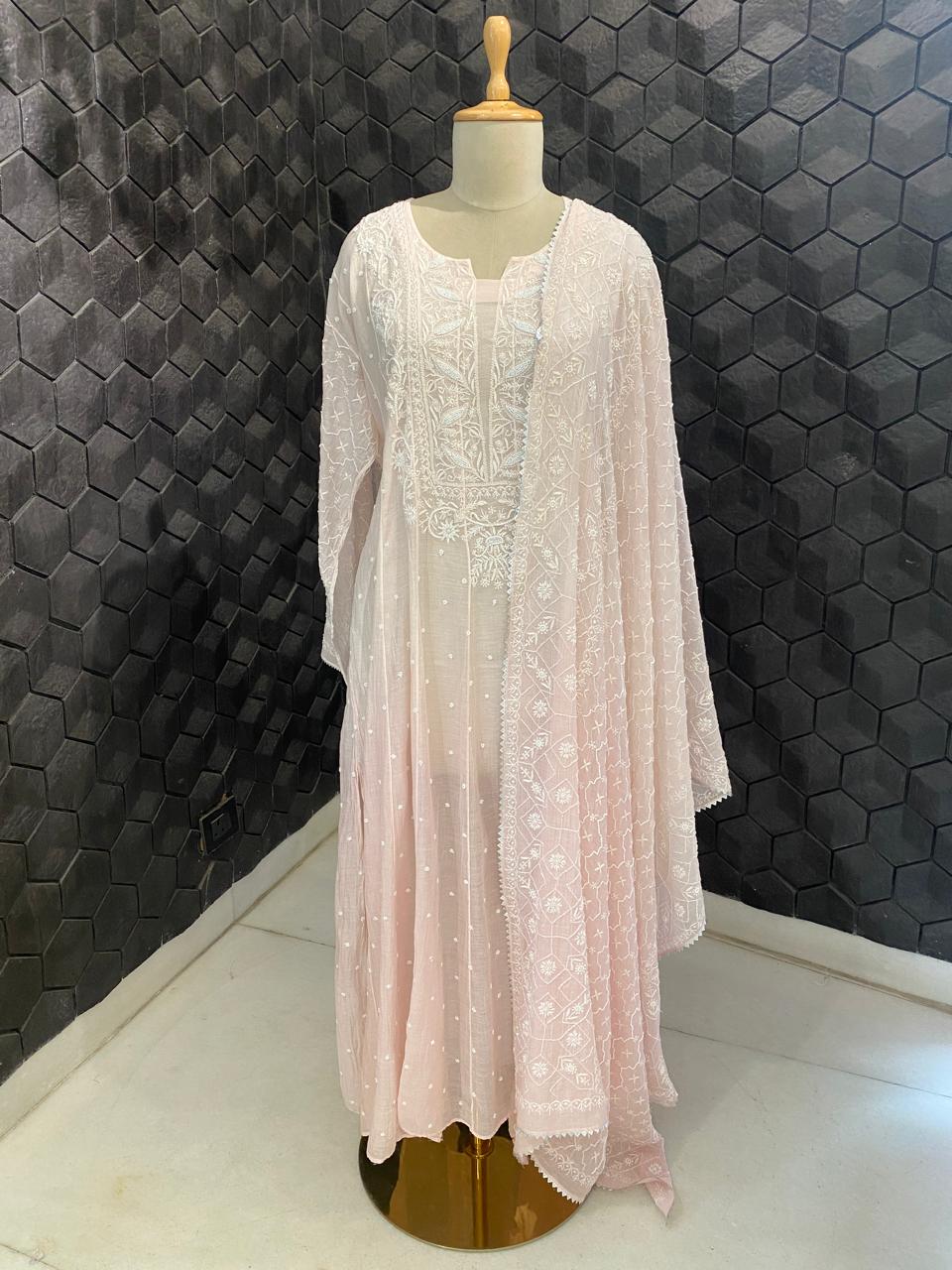 Pink mul chanderi chikankari Anarkali kurta set