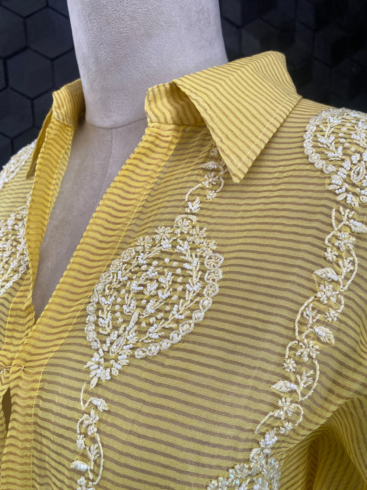 Yellow stribed tissue chikankari shirt