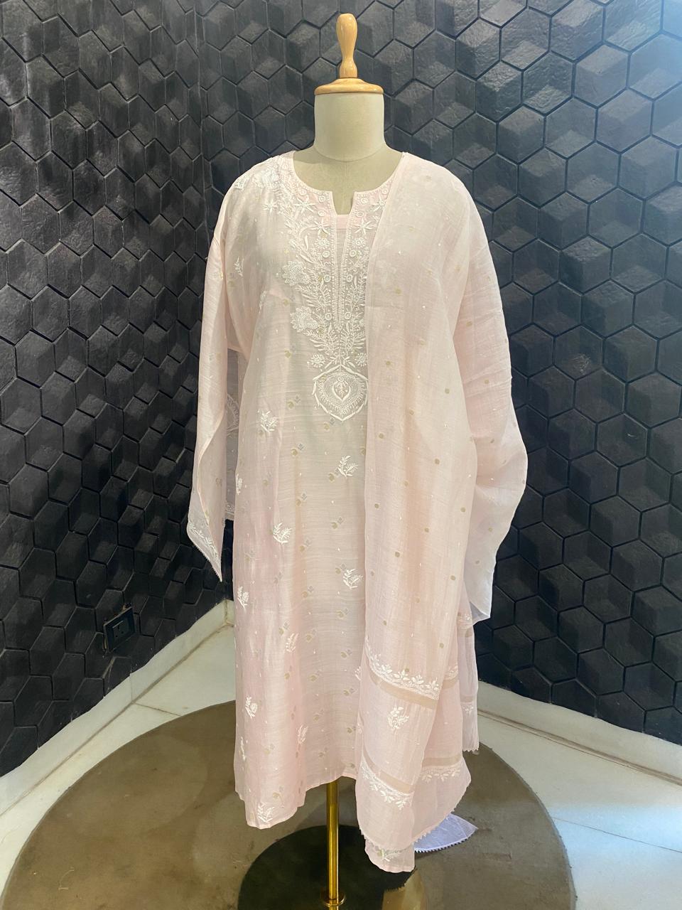 pink mul chanderi silver gold booti with chikankari kurta set