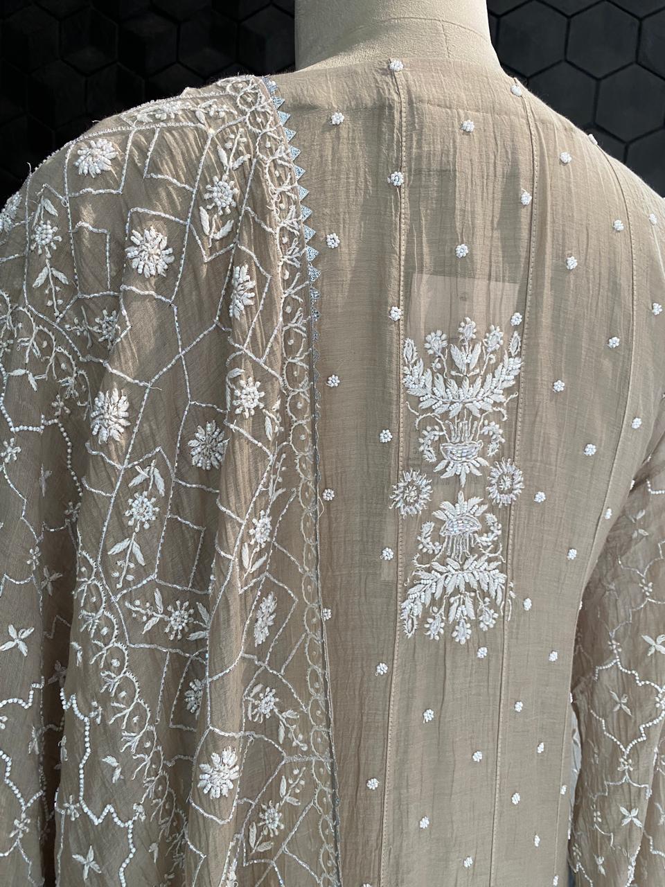 brown ombre mul chanderi chikankari anarkali kurta set