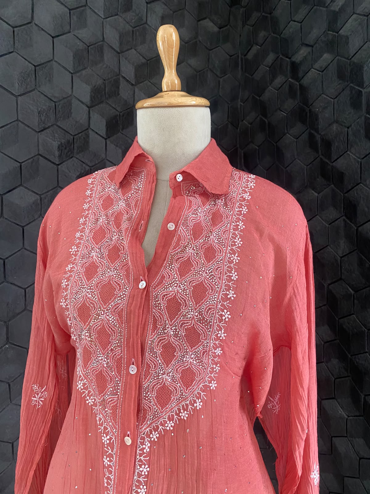 fuschia pink Golden tissue chikankari shirt