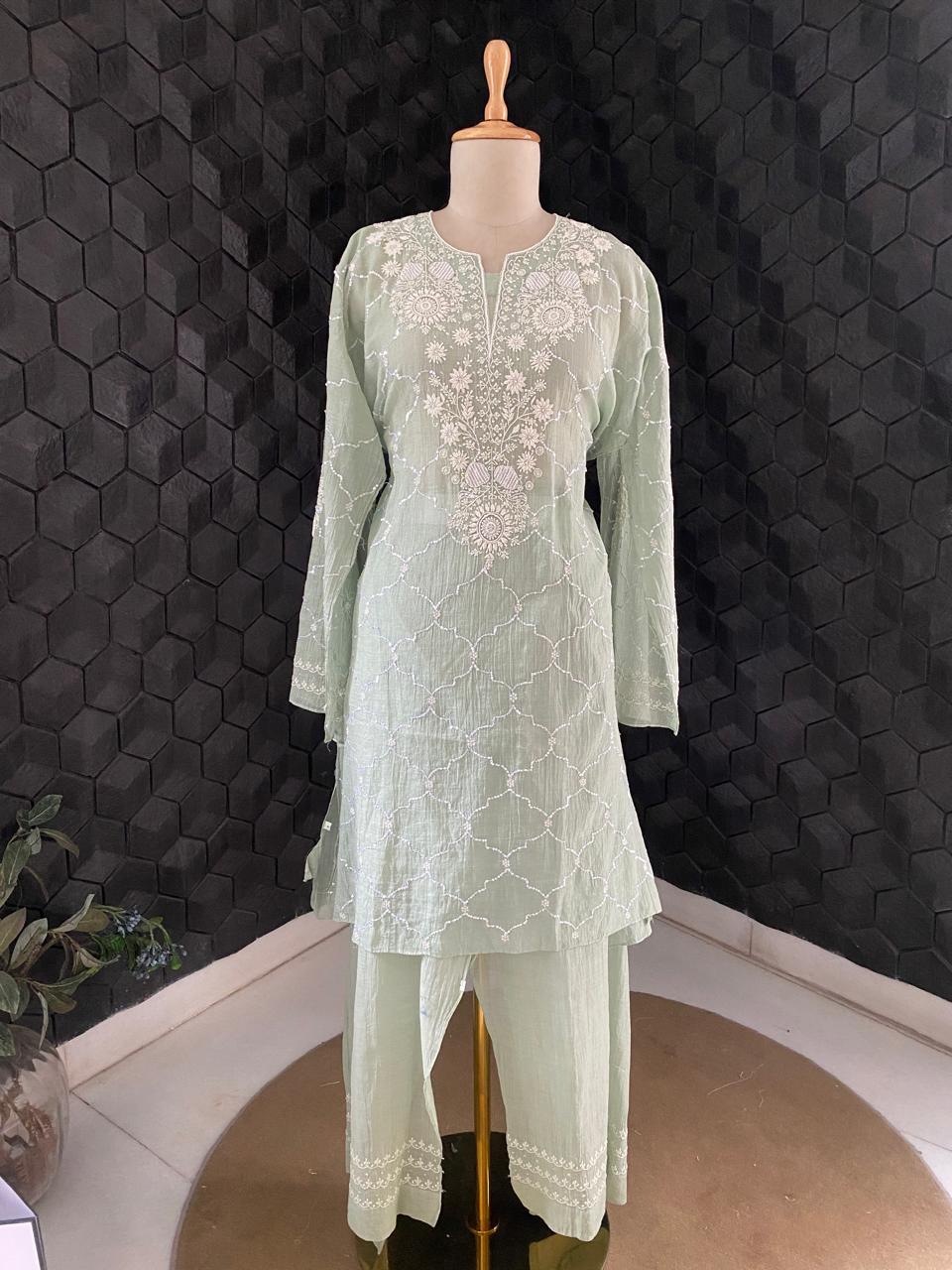 Sea Green Silver Tissue Chikankari Co-ord Set