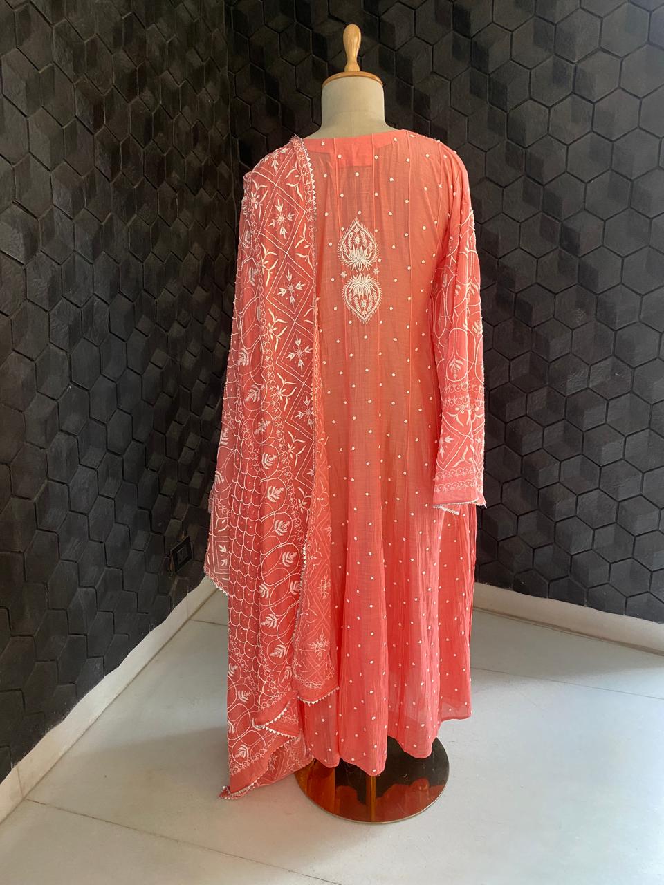 coral Pink mul chanderi chikankari kurta set