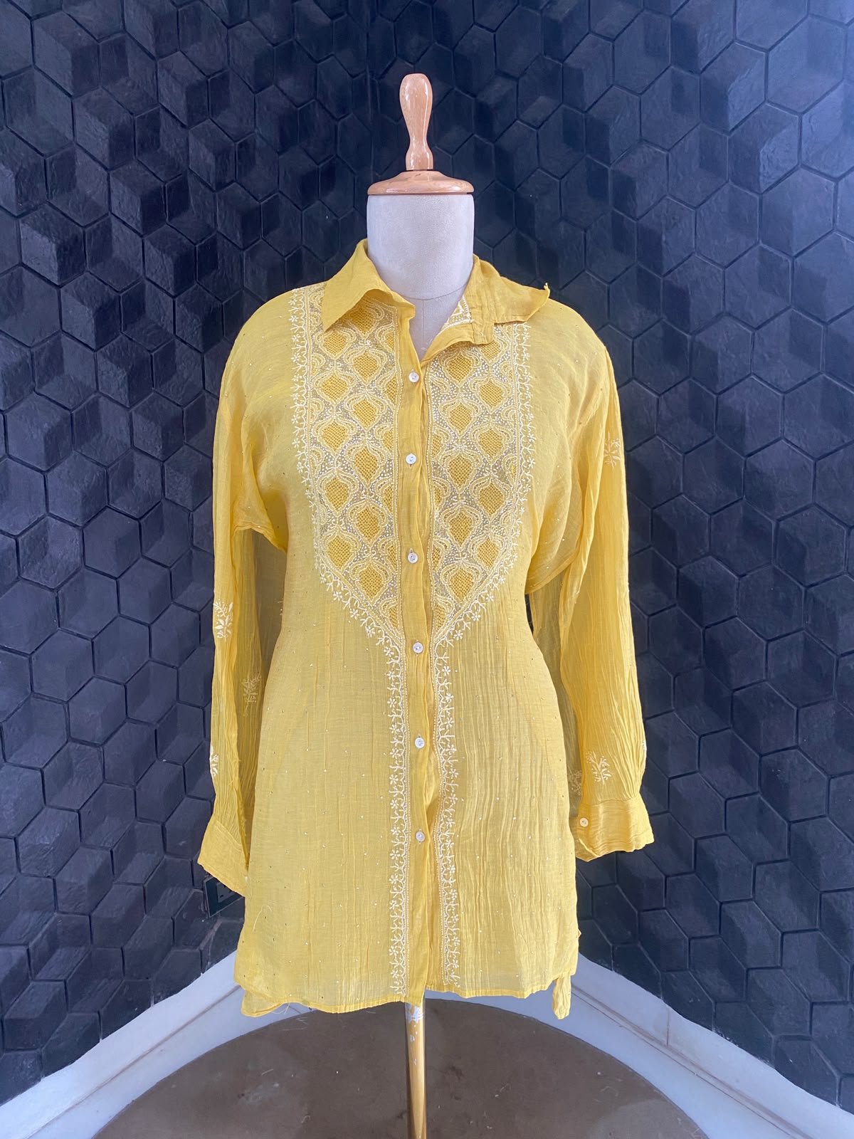 Lime Green Golden tissue chikankari shirt