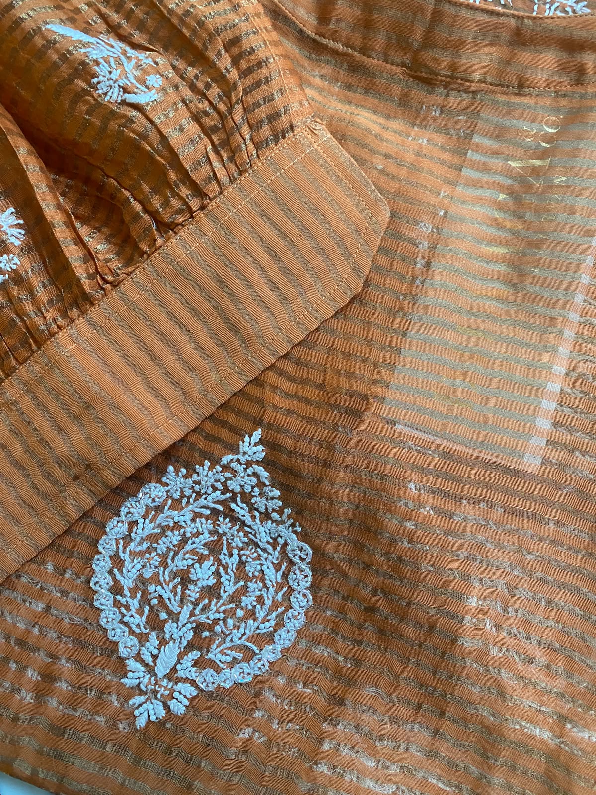 Mustard Yellow striped tissue chikankari shirt