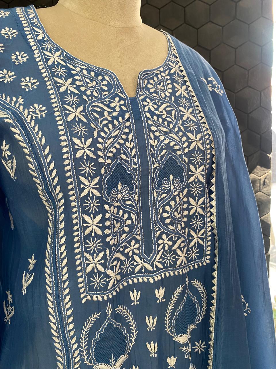 Cobalt Mul Chanderi Chikankari kurta set