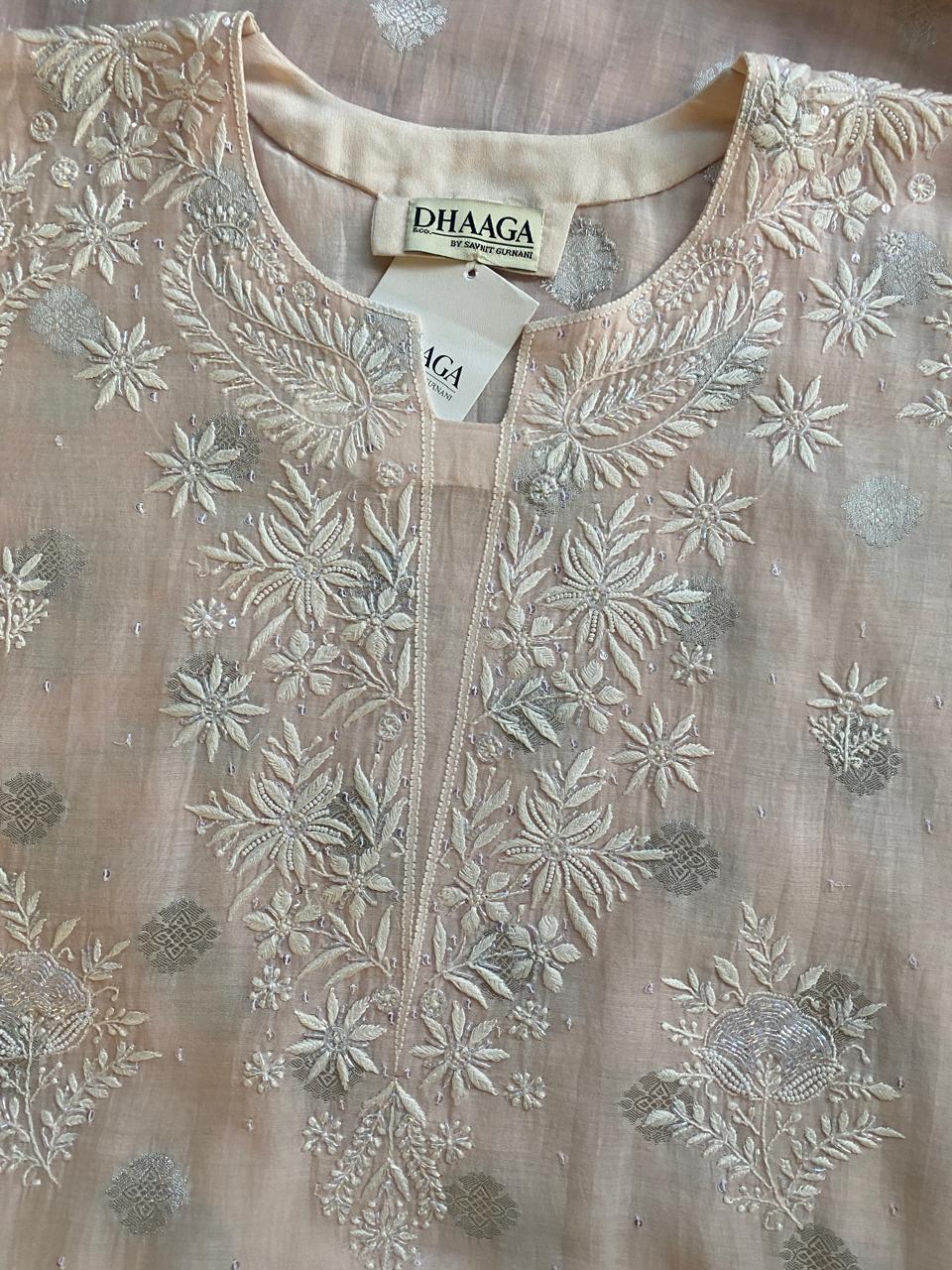 Pink Mul Chanderi with silver booti Chikankari Kurta Set