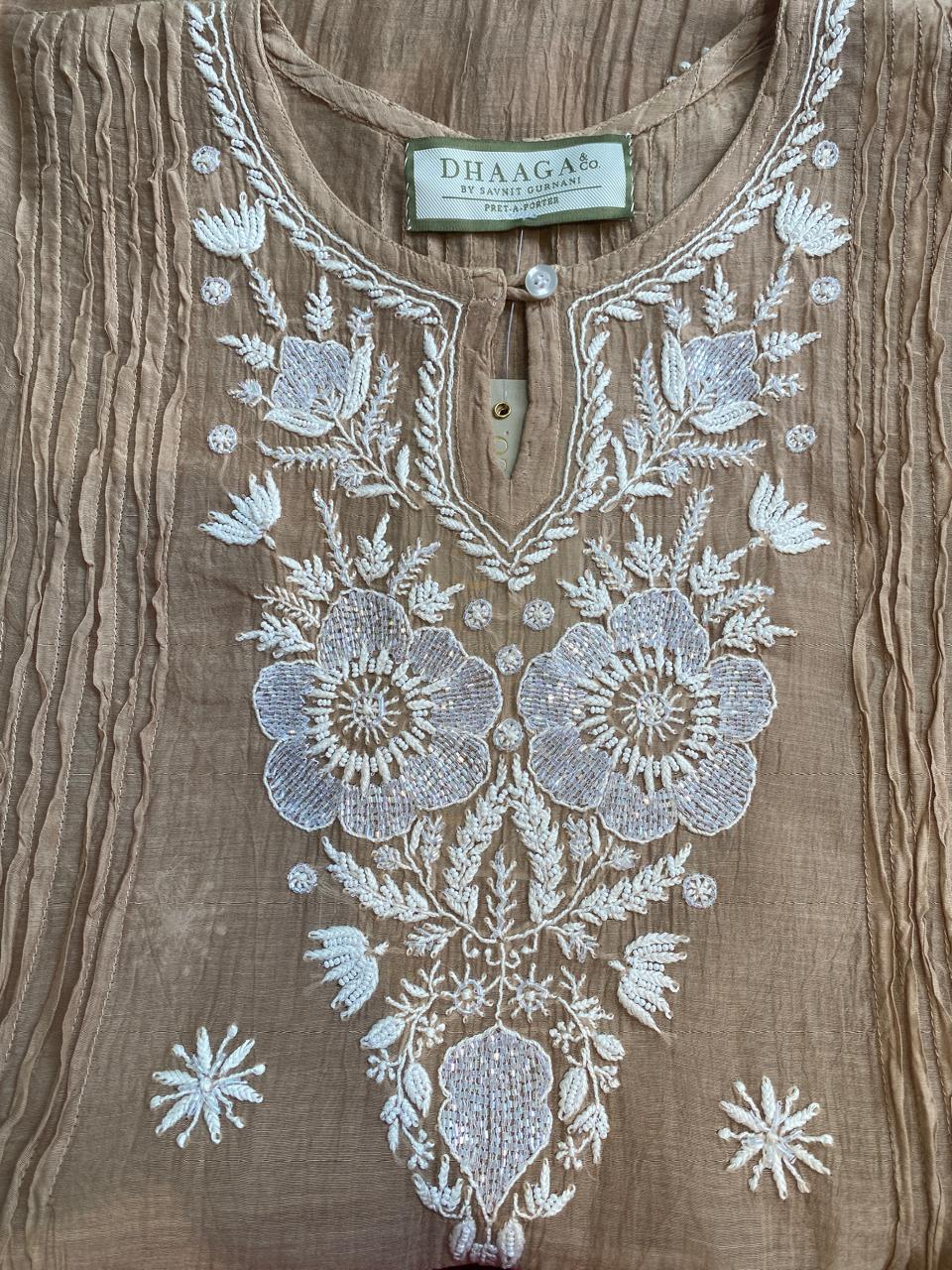 brown mul chanderi chikankari co-ord set