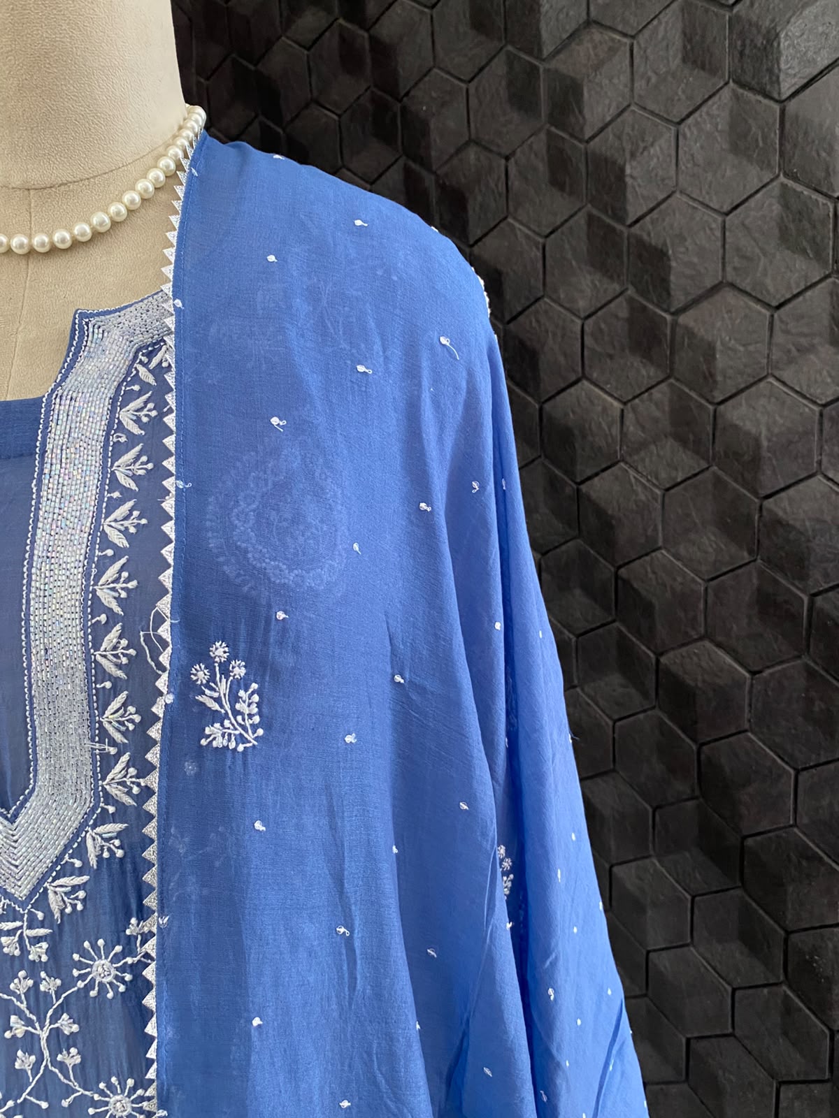 Cobalt Blue Mul Chanderi Chikankari Kurta Set