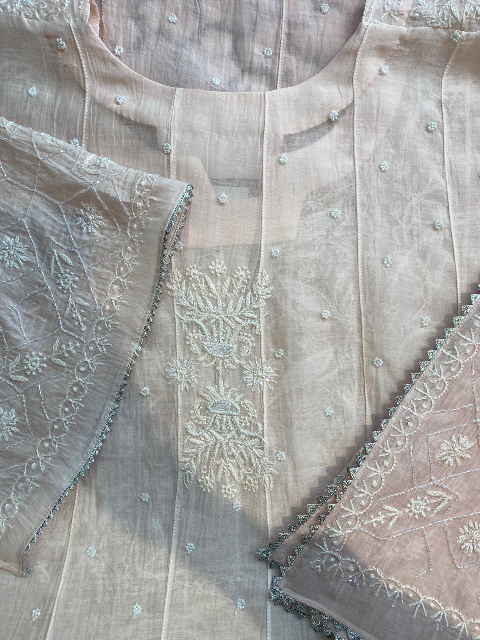 Pink mul chanderi chikankari Anarkali kurta set