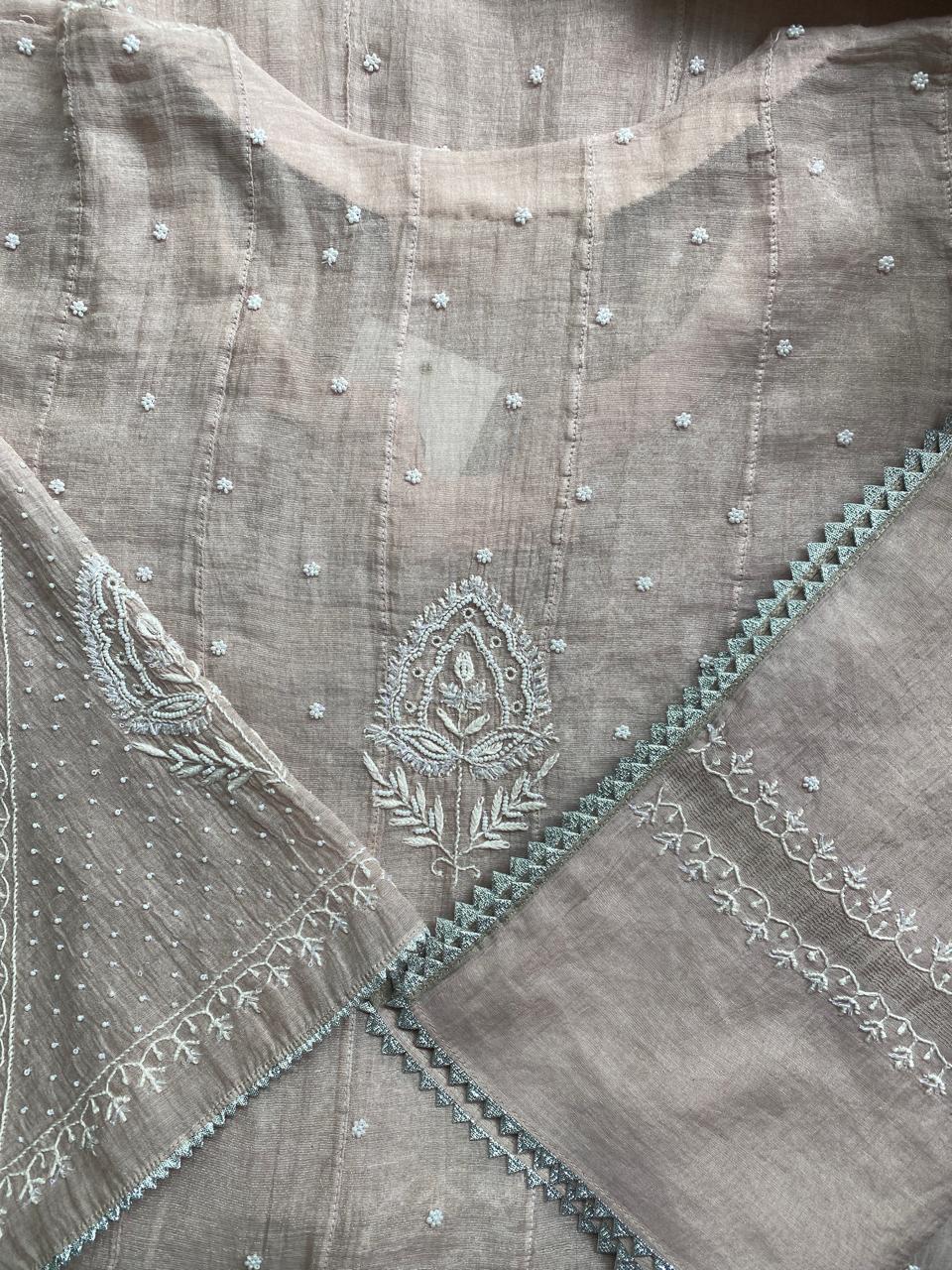 Pink silver tissue chikankari Anarkali set