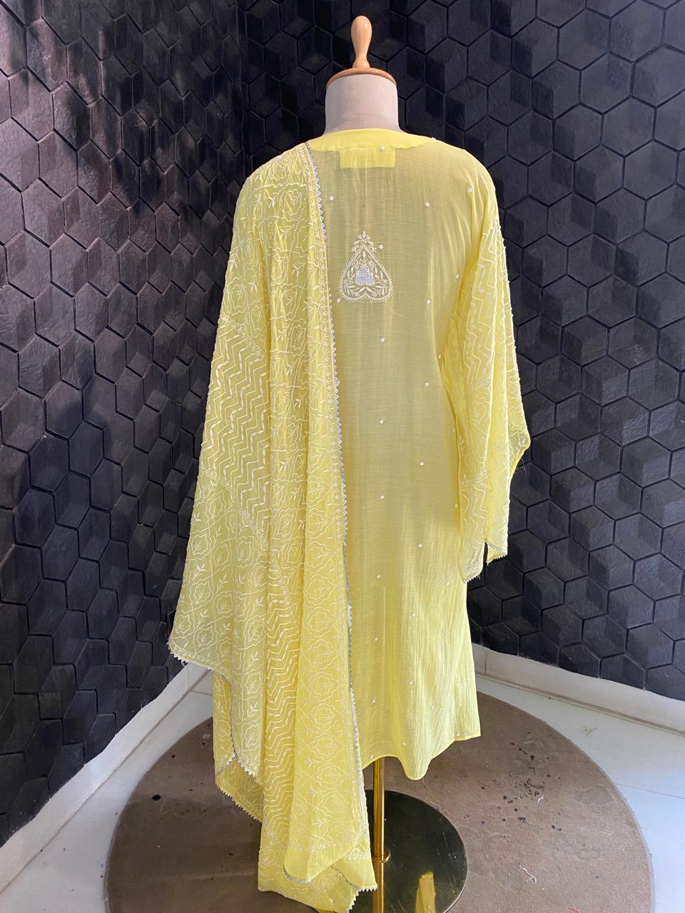 yellow mul chanderi chikankari kurta set