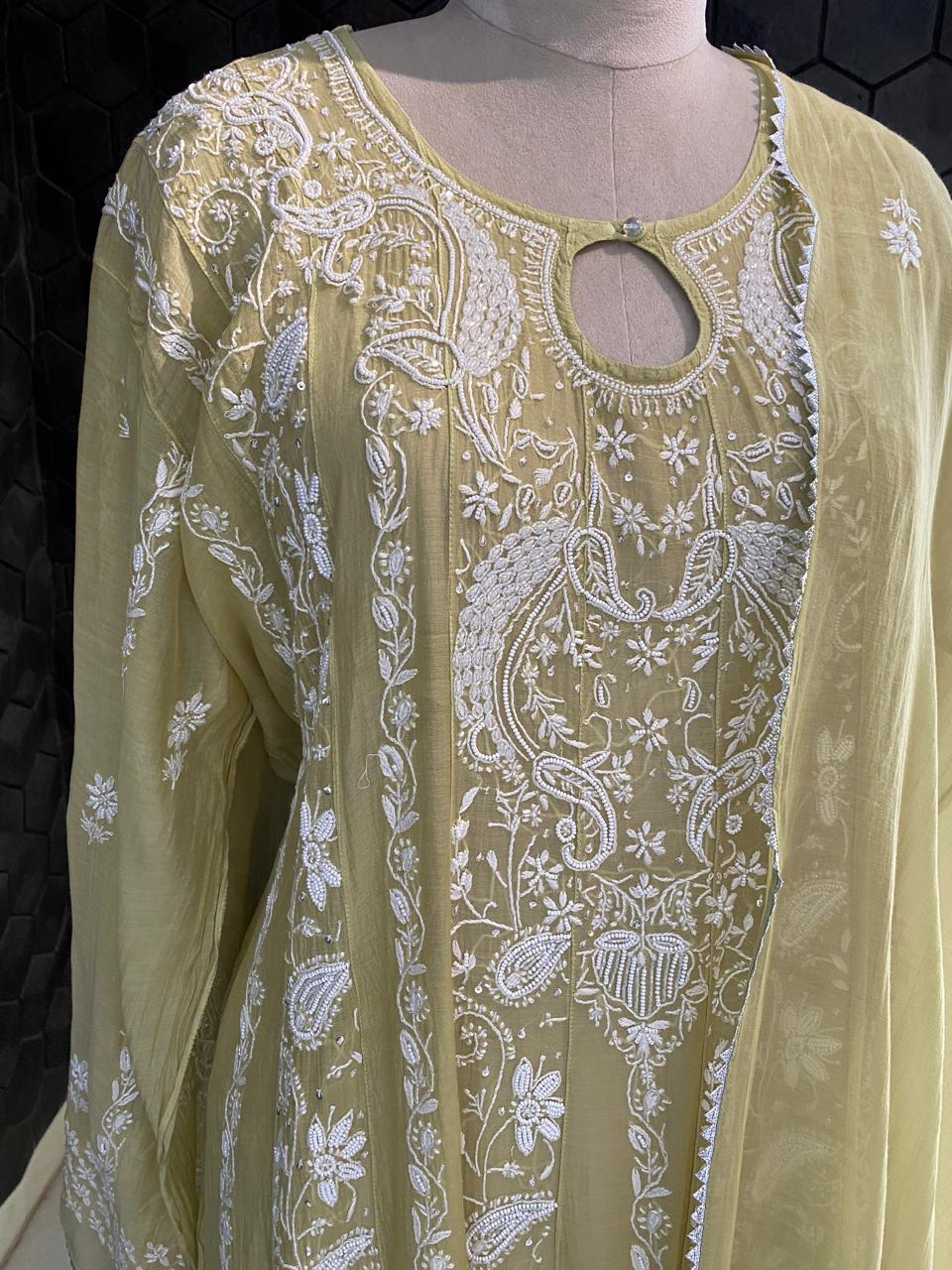 Pista Green Mul chanderi Anarkali kurta Set in
