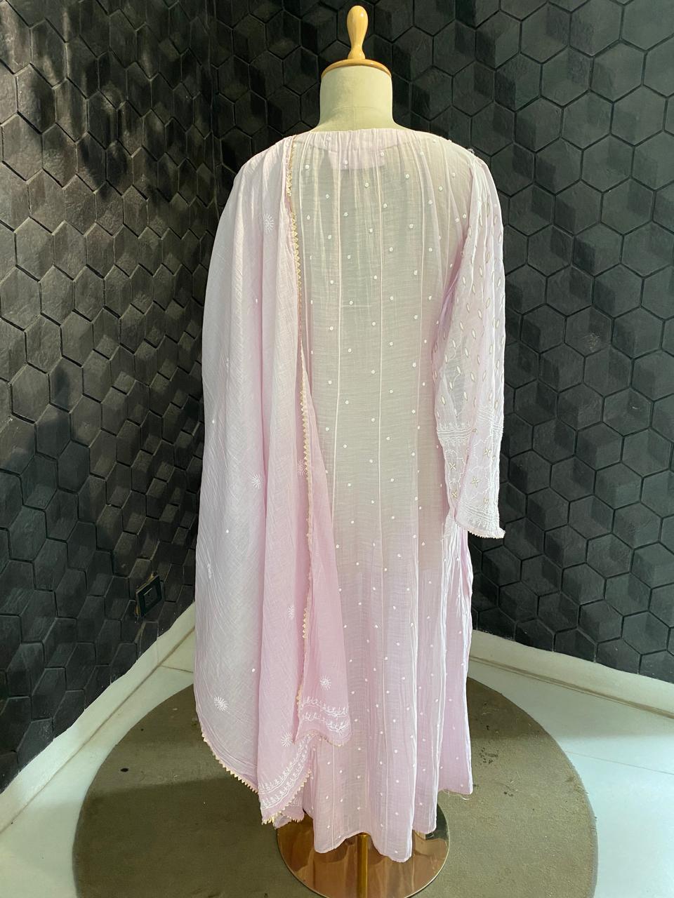 Lilac mul chanderi chikankari anarkali kurta set