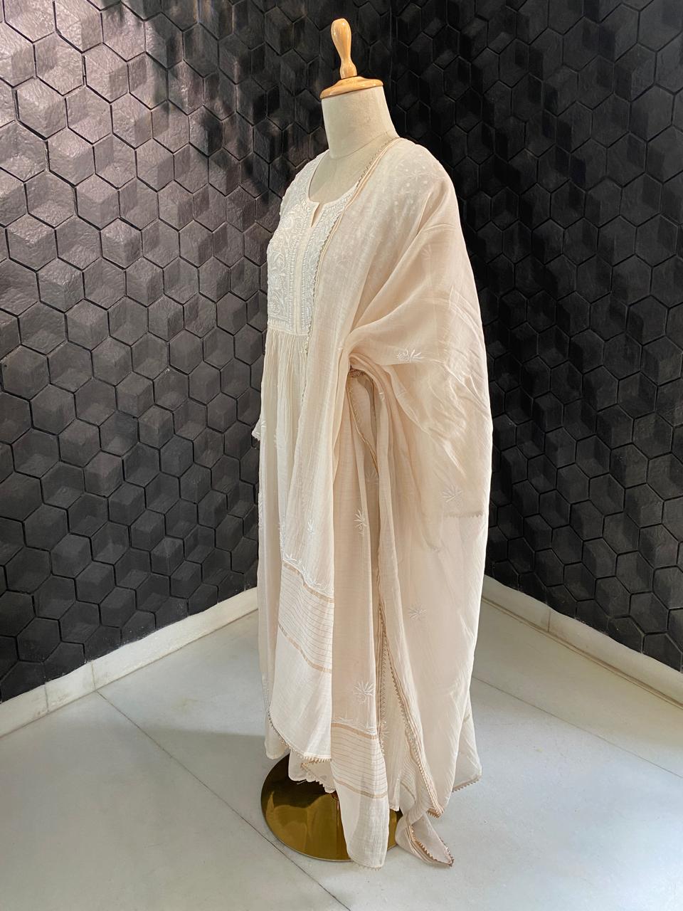 Beige Mul Chanderi Chikankari Kurta Set