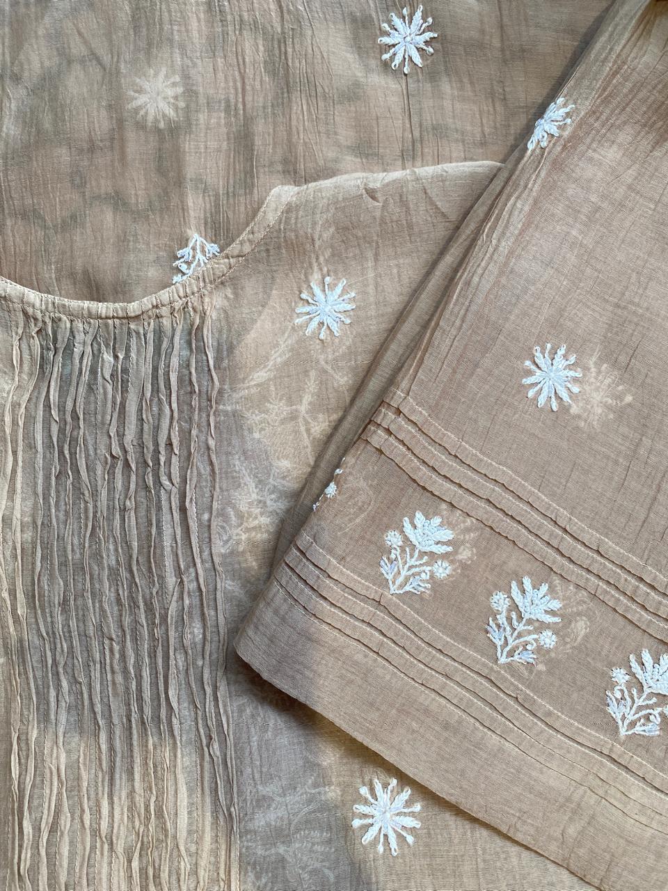 brown mul chanderi chikankari co-ord set