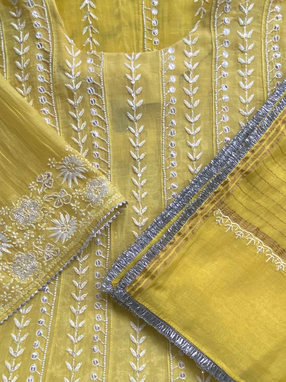 Yellow Mul Chanderi Anarkali kurta set