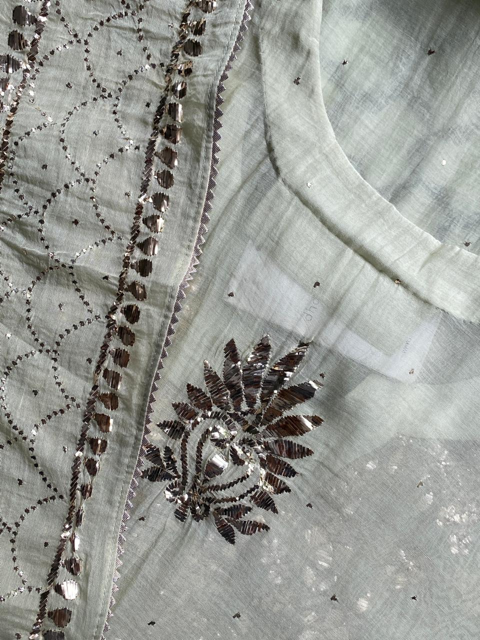 Pista Green Mul Chanderi Mukaish kurta Set