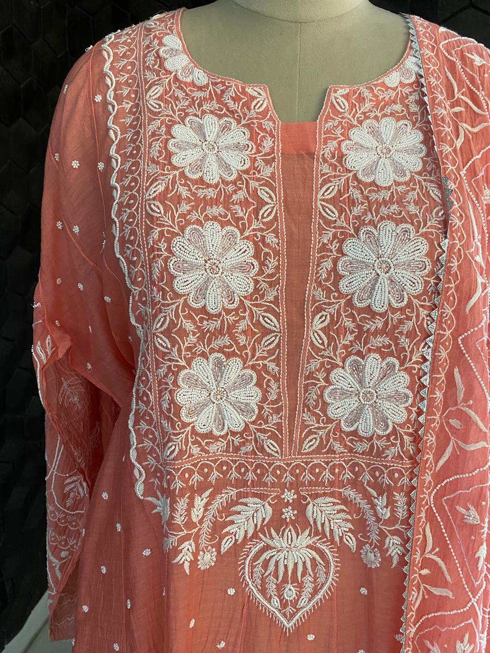 coral Pink mul chanderi chikankari kurta set
