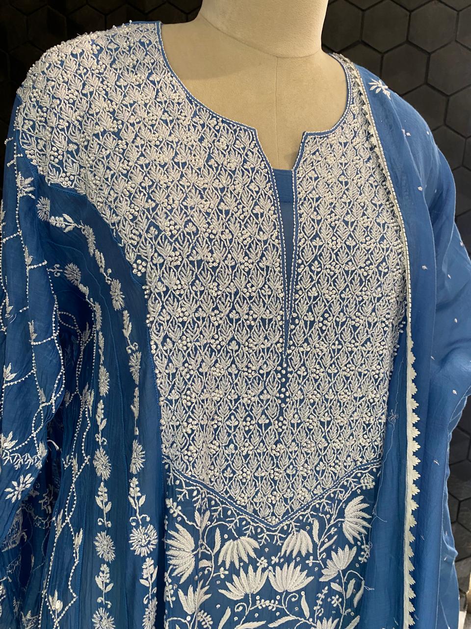 cobalt blue mul chanderi chikankari kurta set