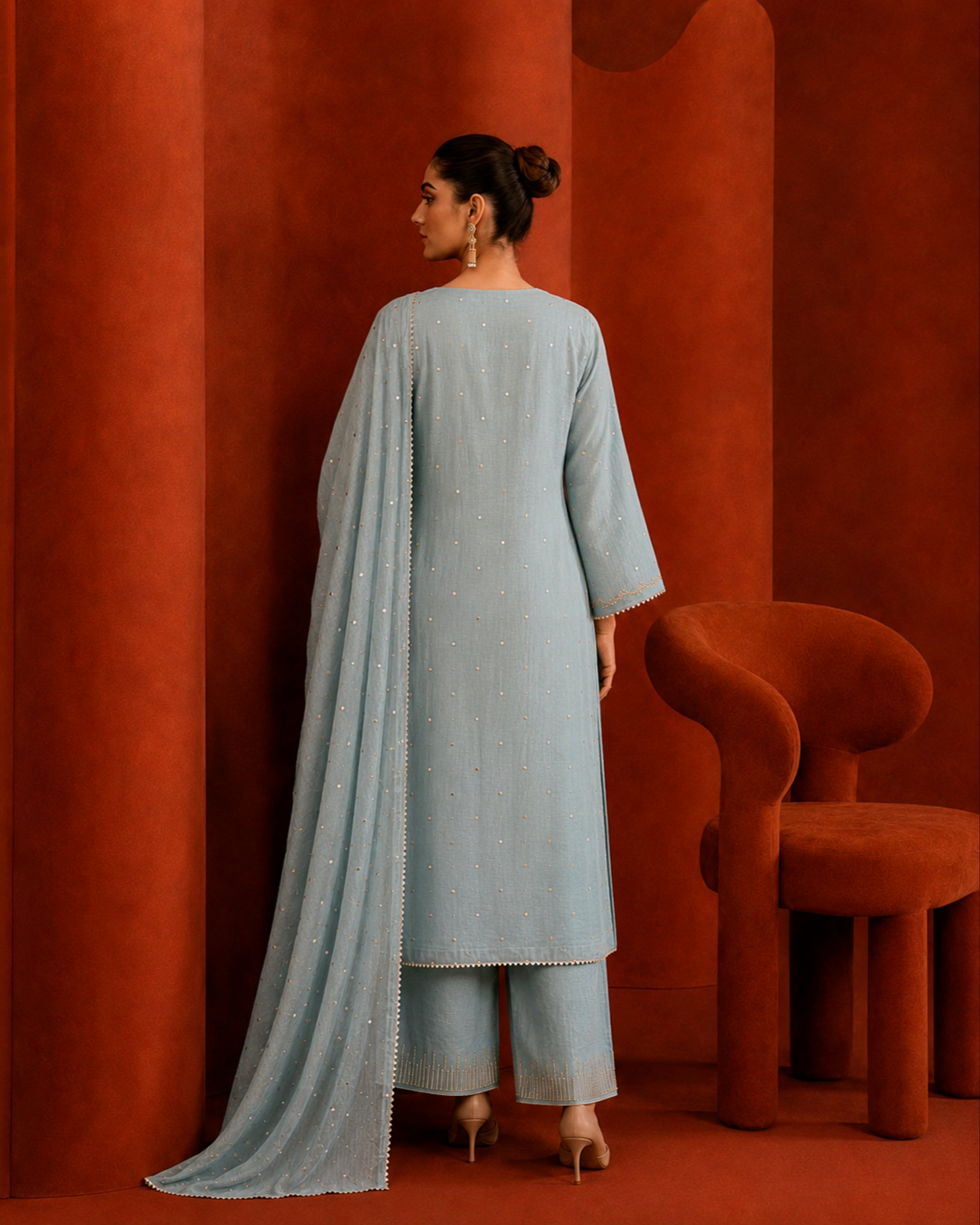 Teal Green Golden Tissue Mukaish and Kamdani Kurta Set