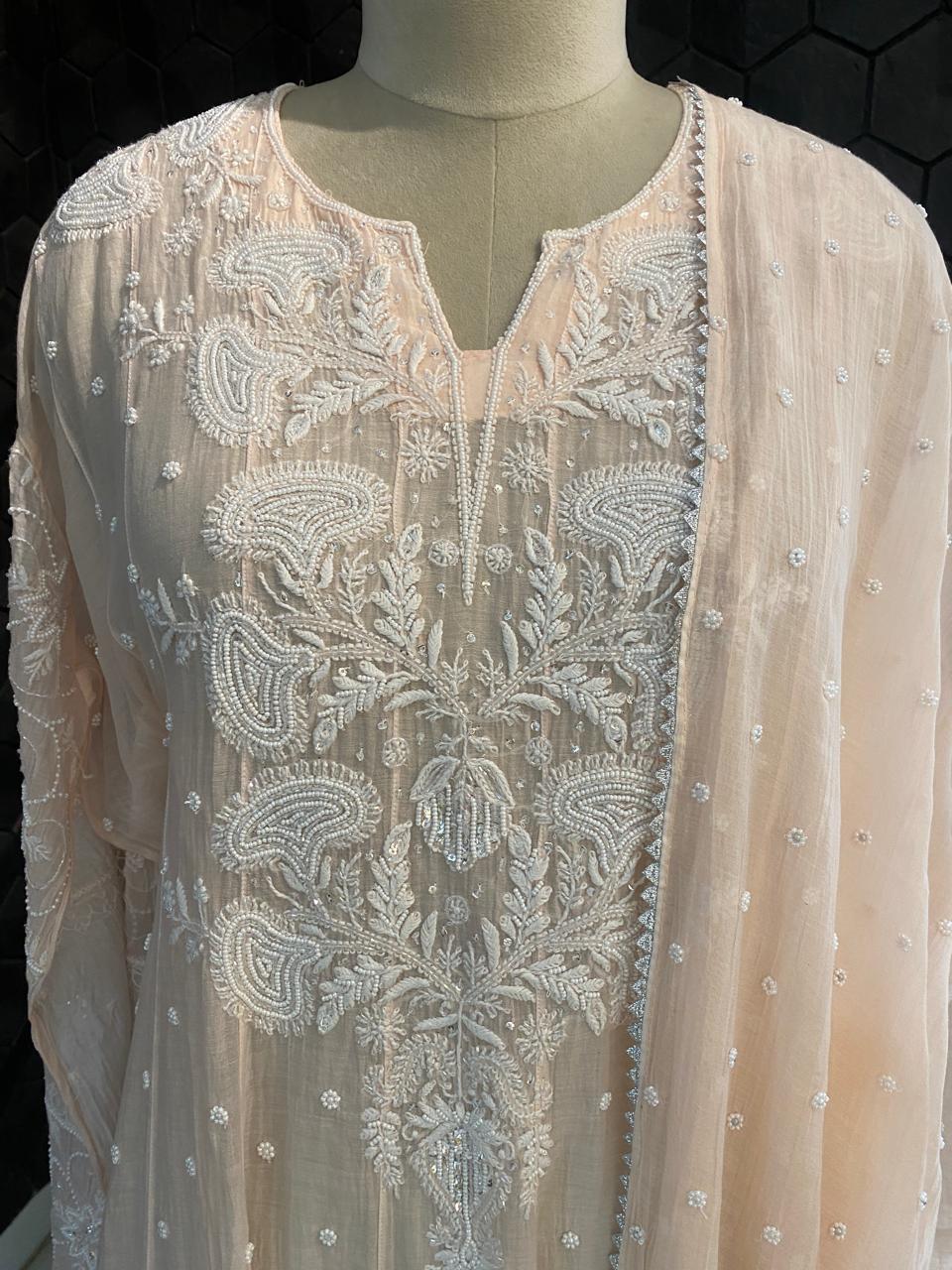 Peach Mul chanderi Anarkali Kurta Set