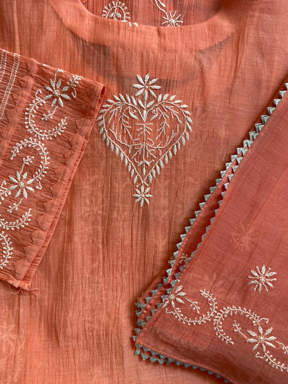Orange Mul Chanderi Chikankari kurta set