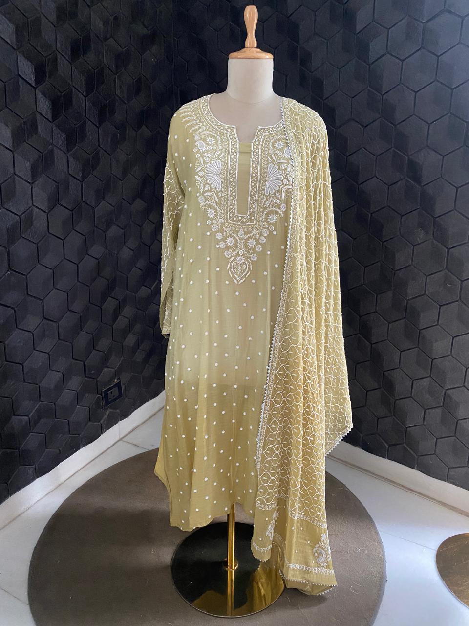 olive green ombre Mul Chanderi Chikankari Kurta Set