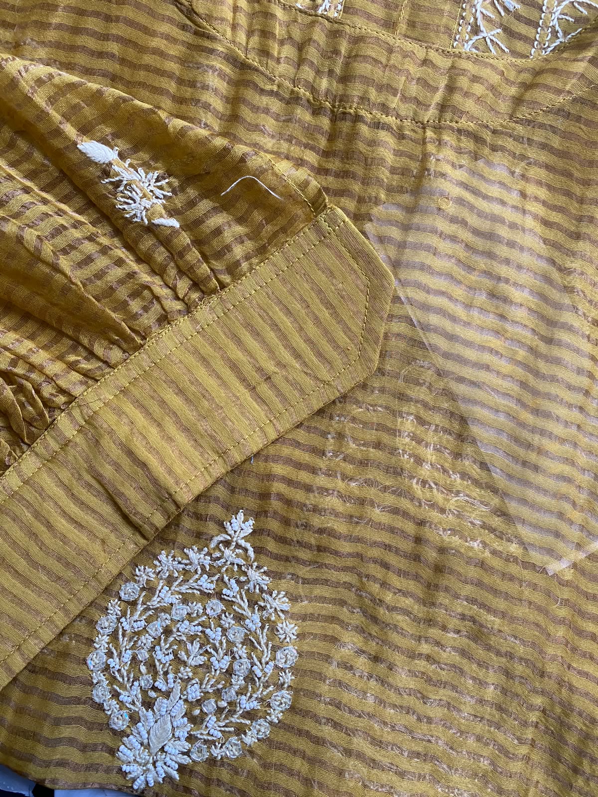 Musterd Yellow striped tissue chikankari shirt