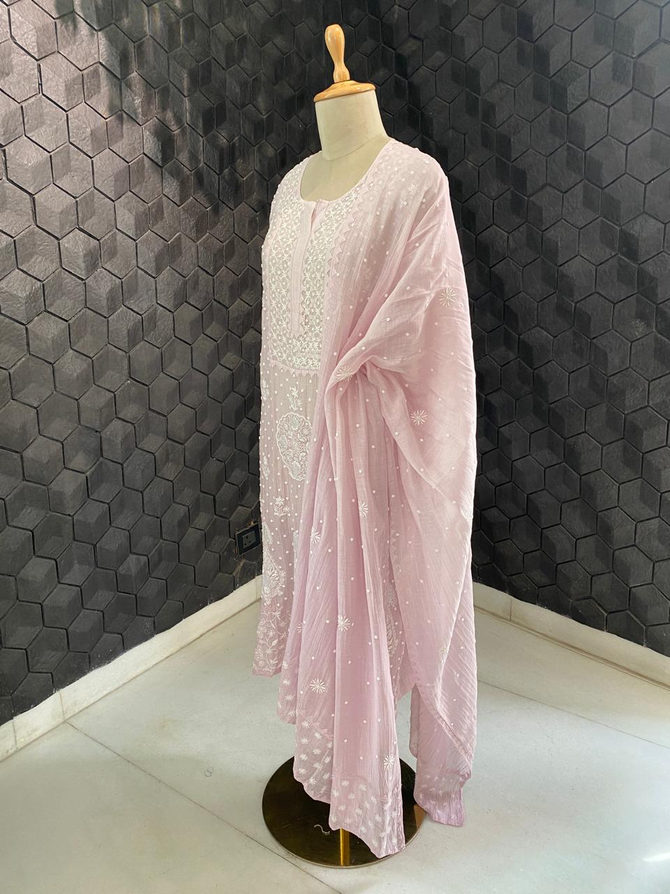 lilac mul chanderi chikankari kurta set