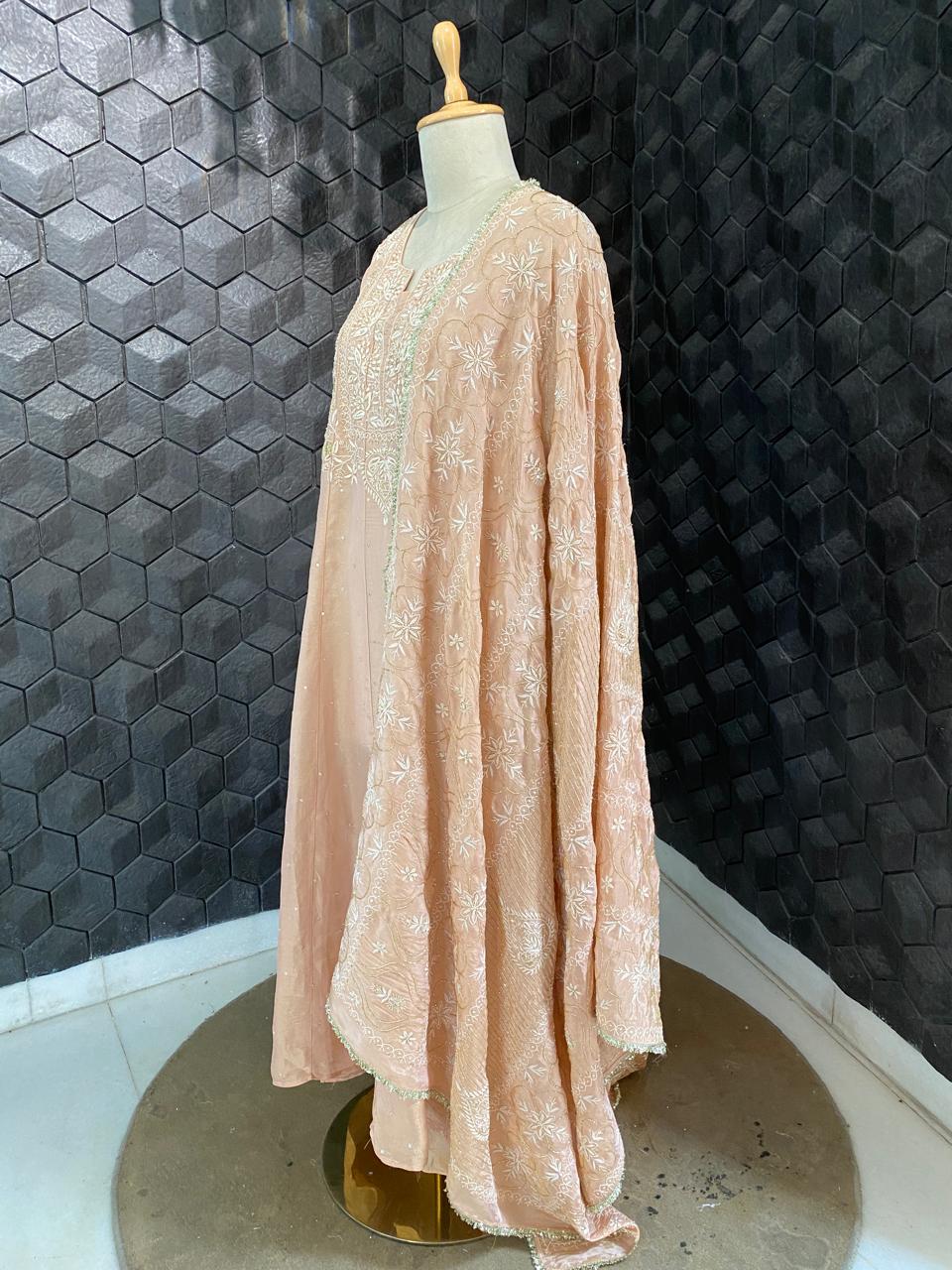 Peach Shimmer tissue Chikankari Anarkali kurta Set
