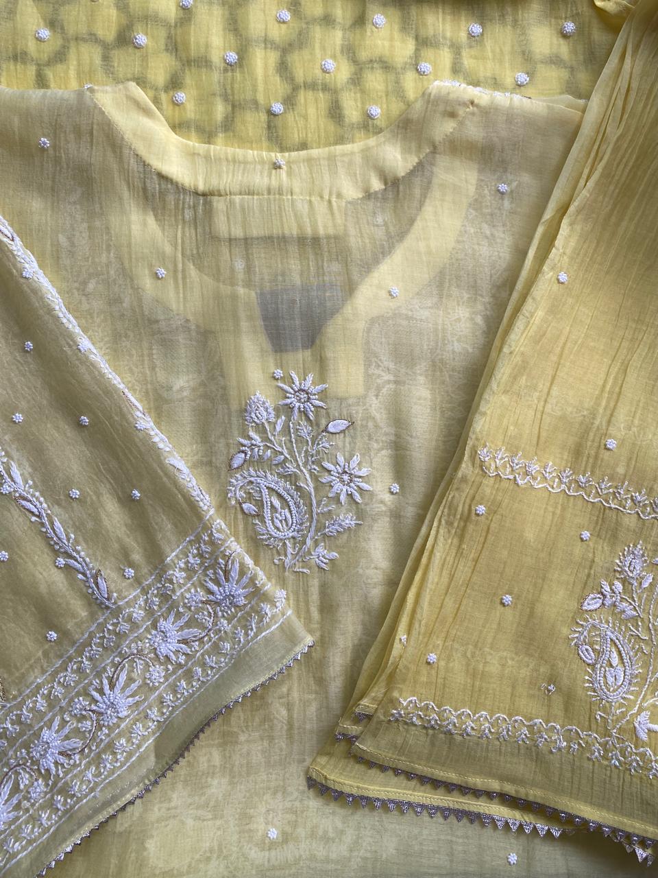 yellow Mul Chanderi Chikankari Kurta Set