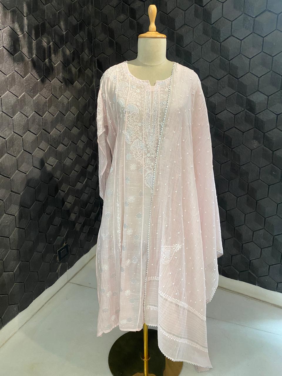 pink zari booti in mul chanderi chikankari anarkali kurta set